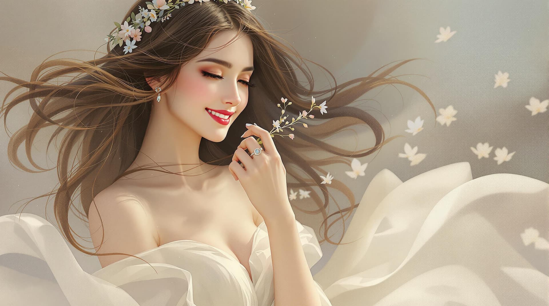 AI generated: Detailed, realistic painting of a smiling woman with long flowing hair, focused gaze, holding a deli...