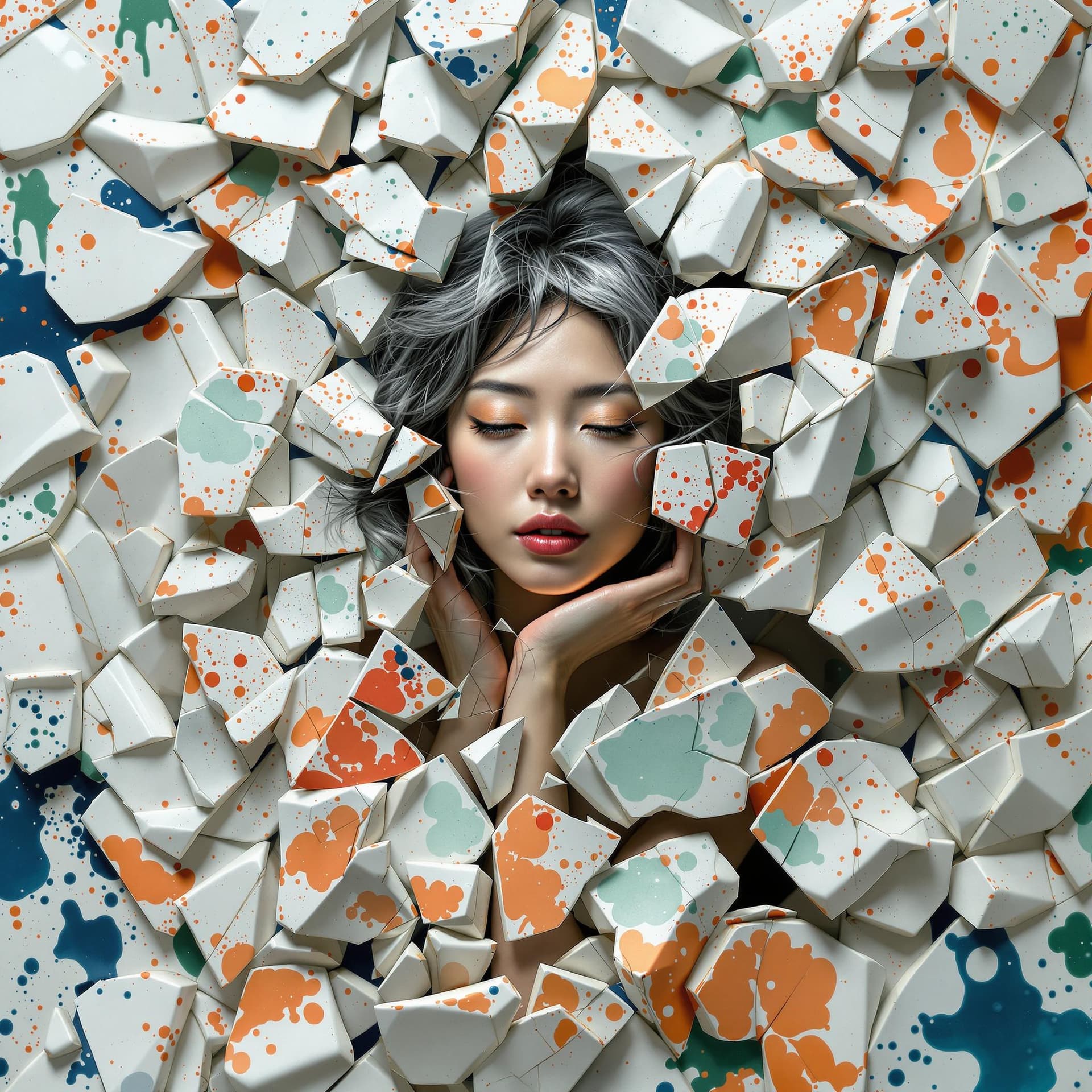 AI generated: A middle-aged woman of Asian descent, her dark hair streaked with silver, appears fractured and spli...