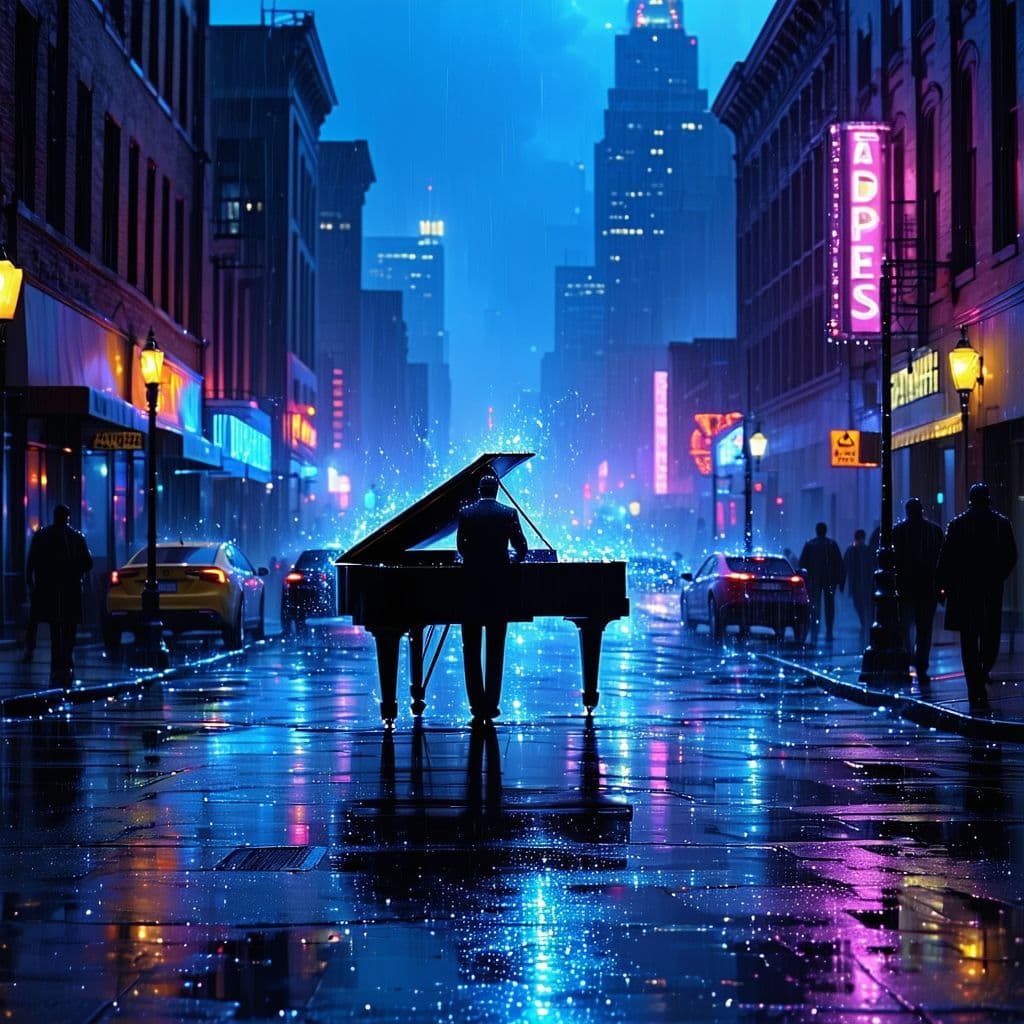 AI generated: A romantic, soulful night-time cityscape with vintage vibes — a glowing street under soft rain, neon...