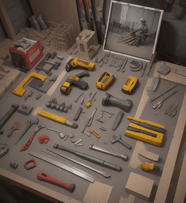 AI generated: Knolling of construction tools from the 60s, photoreal --s 750, hyper realistic, in 8k quality the p...