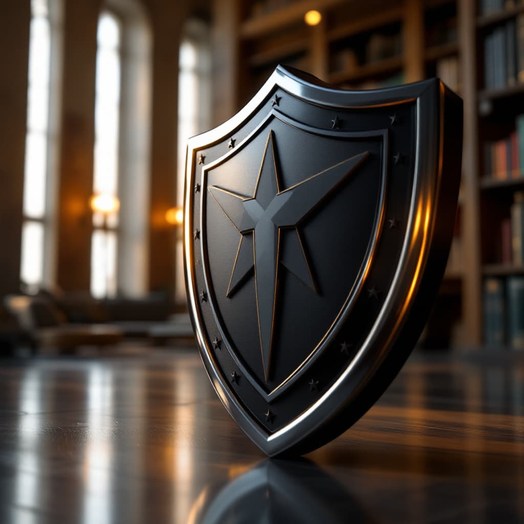 AI generated: A highly detailed cinematic shot focusing on a 3D shield emblem, representing a badge in shape of sh...