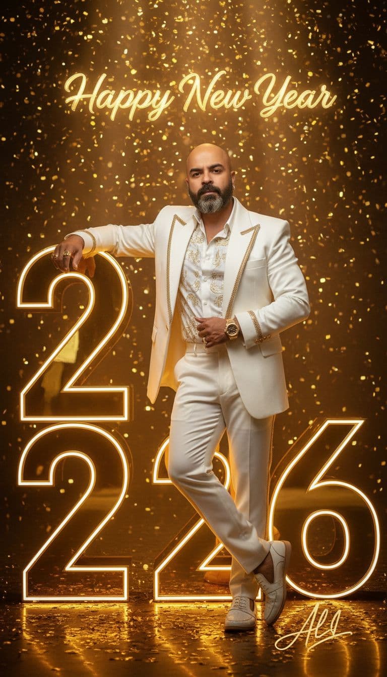 AI generated: A confident stylish man wearing a luxurious modern outfit in white and gold tones, standing in front...