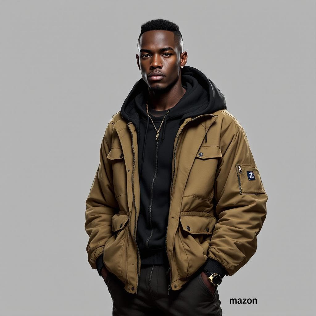 AI generated: create a black man with a buzz cut, 2d, with a nice random main color hooded 
jacket, a nice pants....