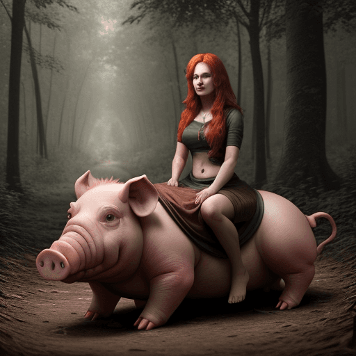 AI generated: Red haired india sitting on a scary pig in a forest. face restored, ultra realistic, 4k, hyper reali...