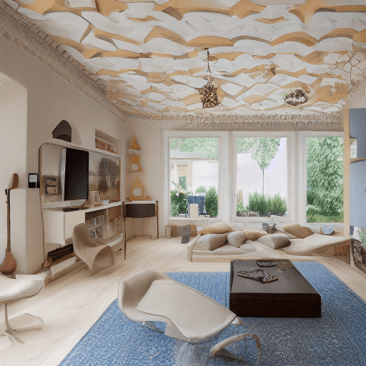 AI generated: High resolution photography interior design, dreamy sunken living room conversation pit, wooden floo...