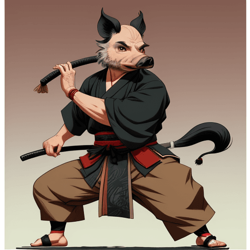 AI generated: anthropomorphic wild pig, male,  samurai, artwork by Stan Sakai, anime
