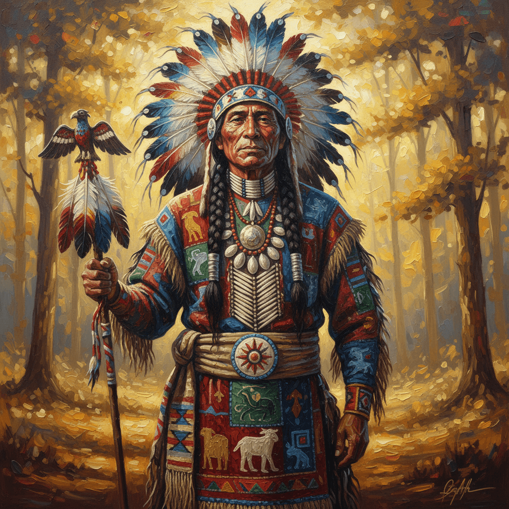 AI generated: A vibrant acrylic painting featuring a Choctaw Indian Chief standing proudly, dressed in full ceremo...