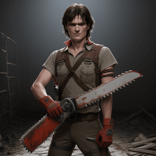 AI generated: Javier Milei as Ash from Army of darkness, with a chainsaw as his left arm hiper realistic, the left...