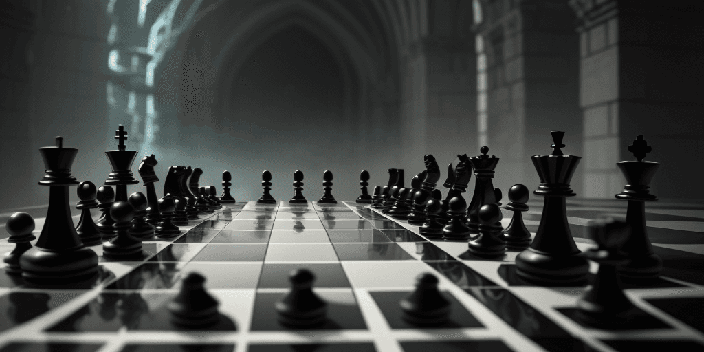 AI generated: a game of chess, with an endlessly long chessboard, on a background of gothic romantic thunder and l...
