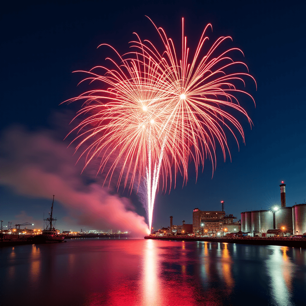 AI generated: Vibrant firework explosion over a harbor at night, brilliant arcs of orange, red, and pink streaking...