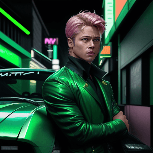 AI generated: Martin Ansin style, light green and light emerald green, Brad Pitt style full physical height, hands...