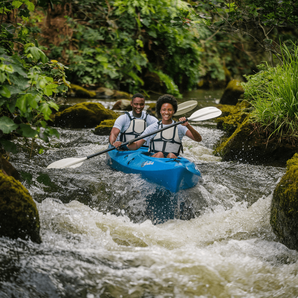 AI generated: One pretty African  female, and a handsome African Male in the same Kayak ,Kayaking - Paddle through...