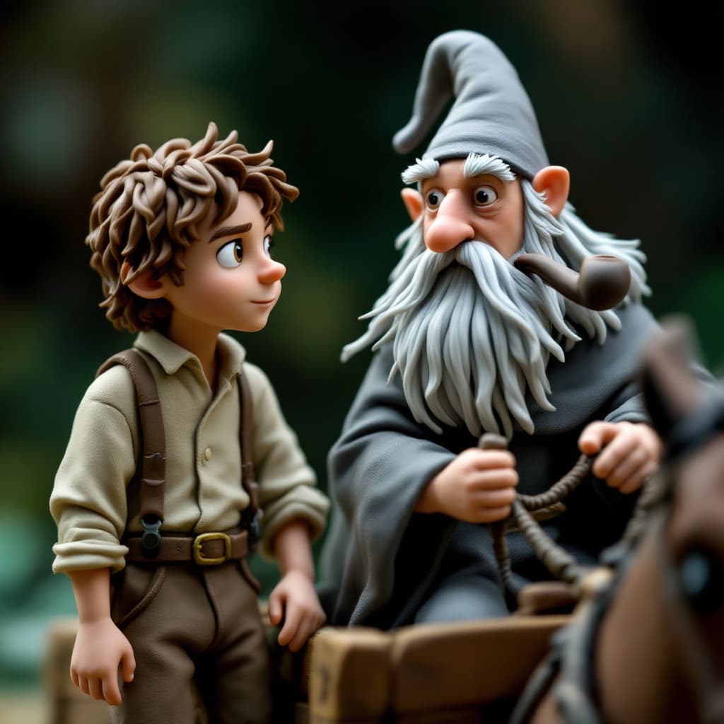 AI generated: Two plasticine figures of Frodo and Gandalf from Lord of the Rings. They are traveling by wagon to H...