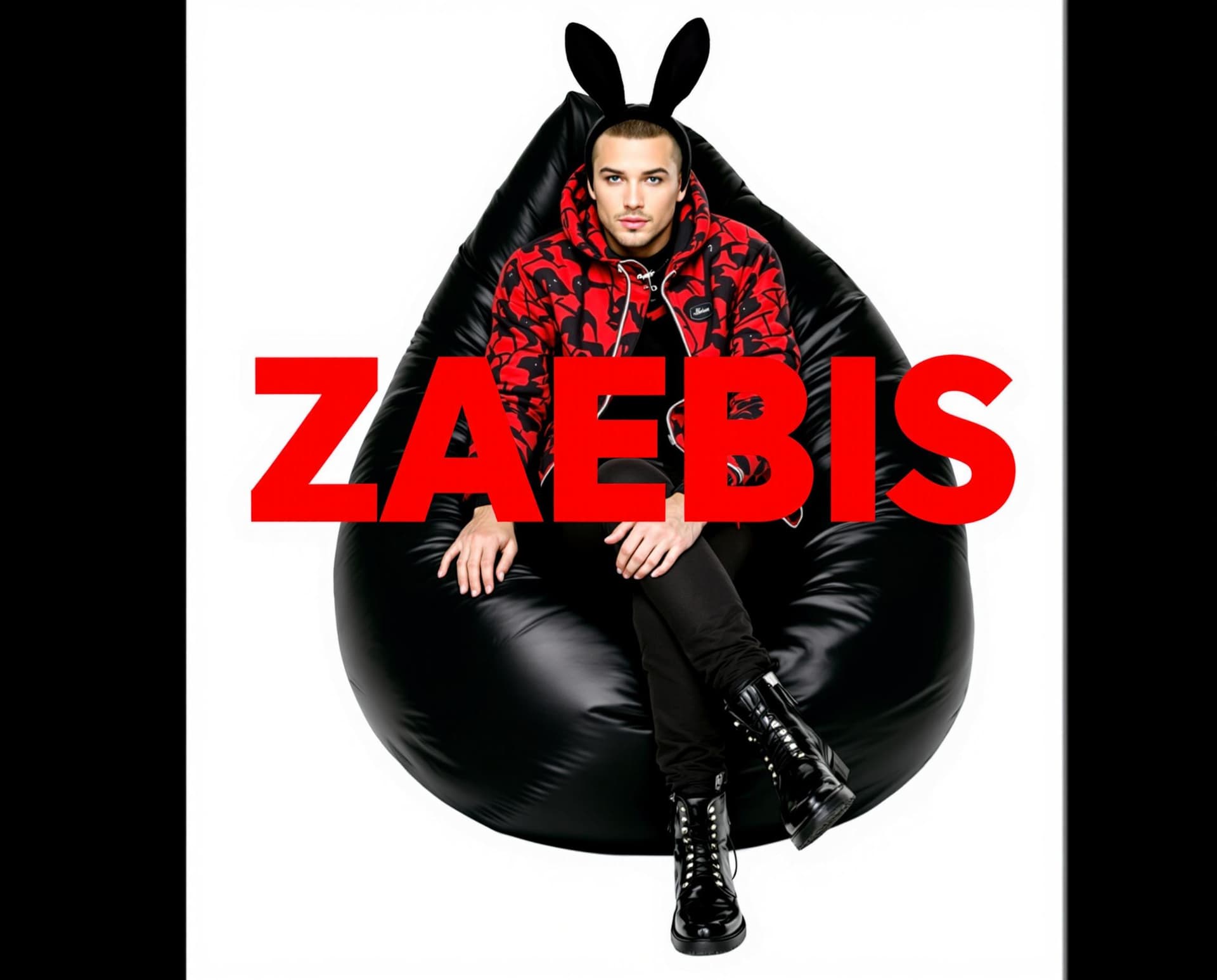 AI generated: The image shows a person sitting on top of a black bean bag chair. The person is wearing a red and b...