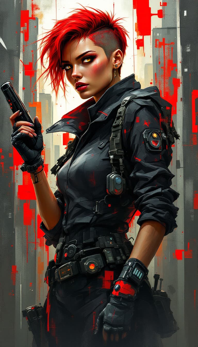 AI generated: "Scarlet Spy in a Shifting Cityscape": A dynamic abstract painting depicts a spy, with a blend of st...