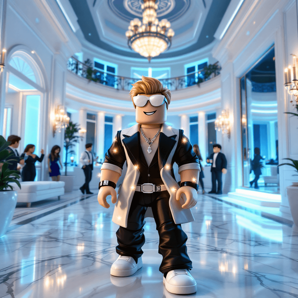 AI generated: A stylish Robloxian character at an elegant party inside a luxurious white mansion with blue accents...