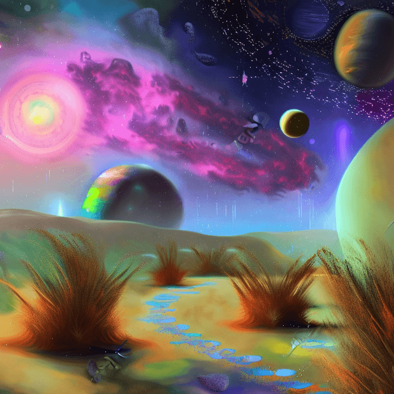 AI generated: sci-fi digital painting of an alien landscape with otherworldly plants, strange creatures, and dista...