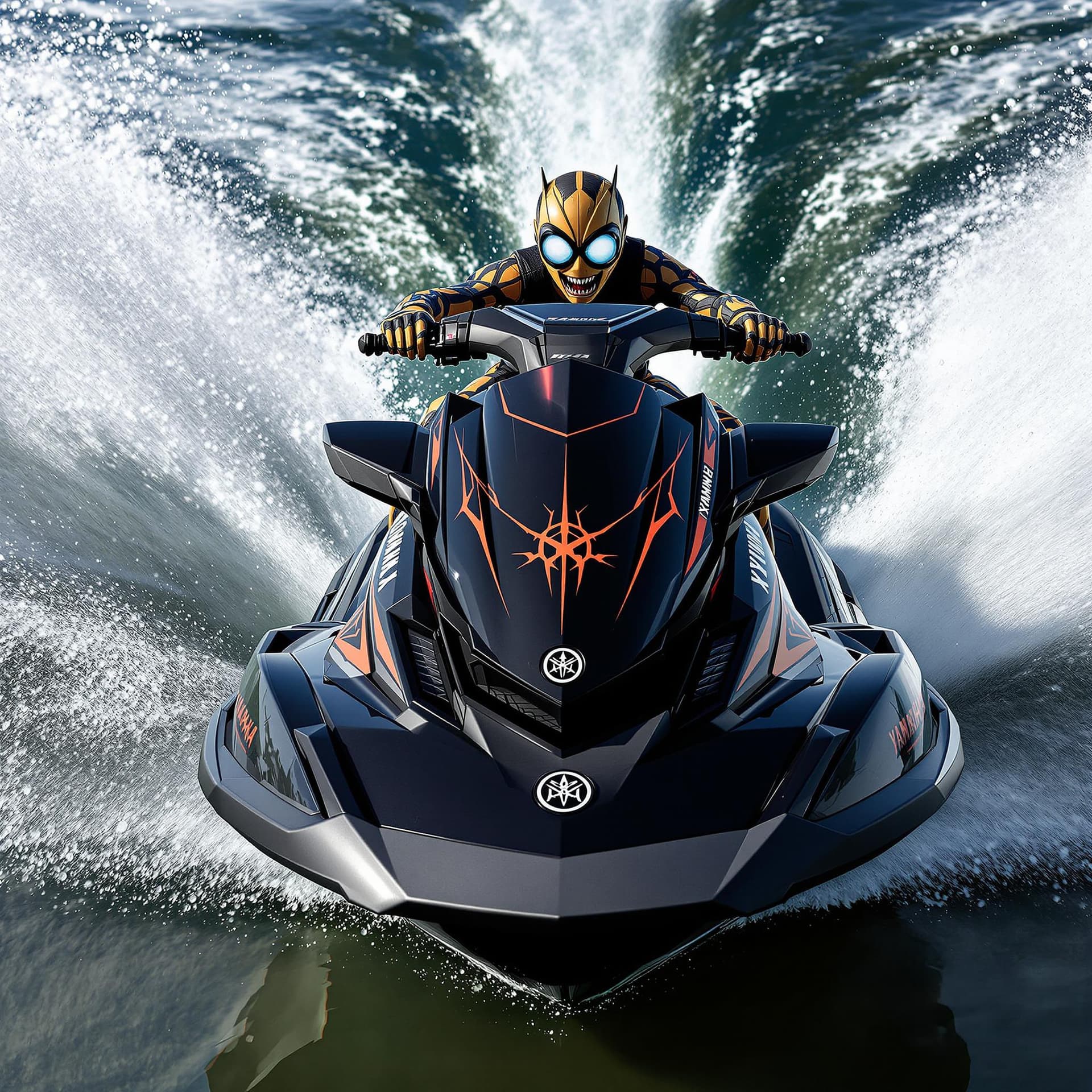 AI generated: photography, sports shooting, dynamic range, dynamic motion with yamaha fx svho jetski black in colo...