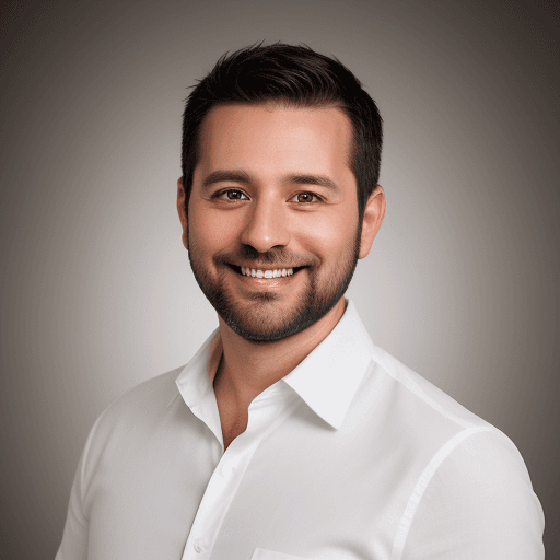 AI generated: Professional headshot of a 35-year old man with dark hair and short beard, smiling, studio light, 4k...