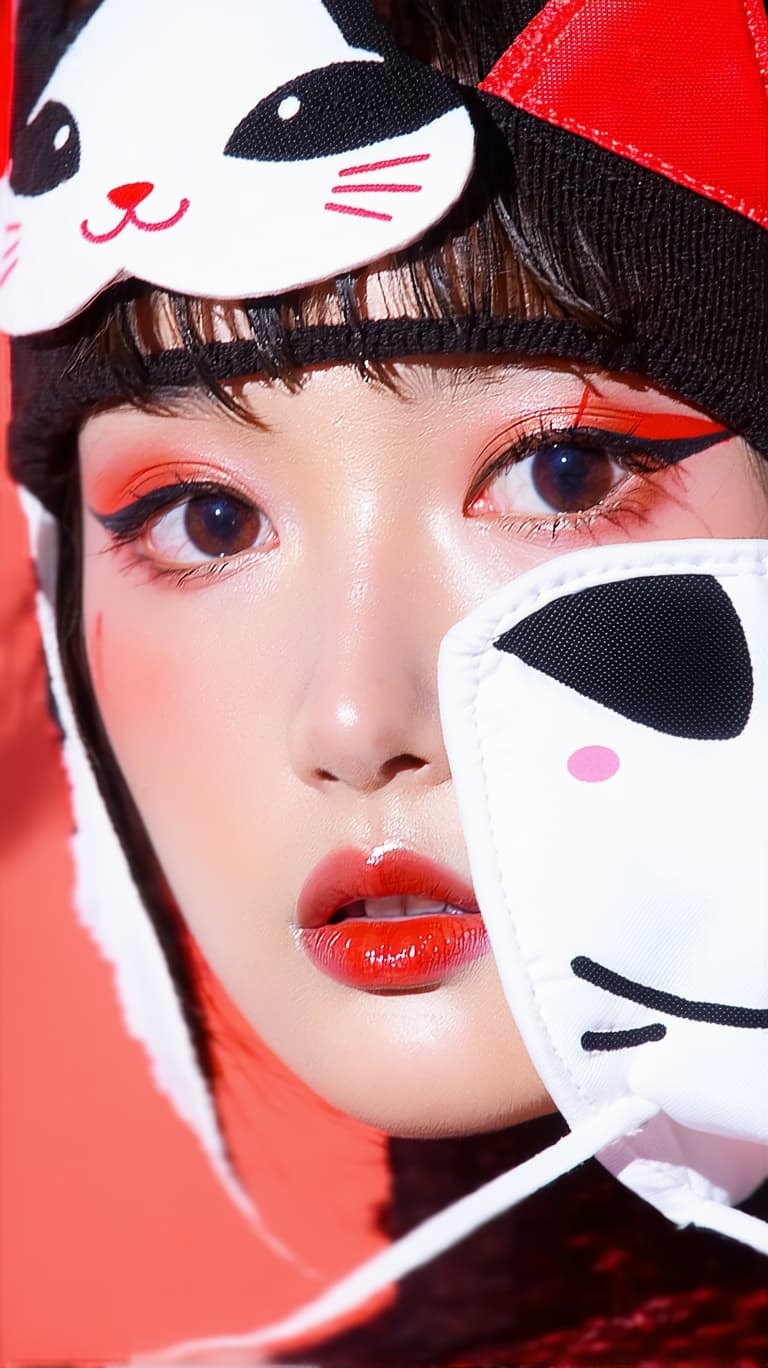 AI generated: (A japanese fashion model's face macroview with red eye makeup and a cat mask on face,canon 35 mm,ds...