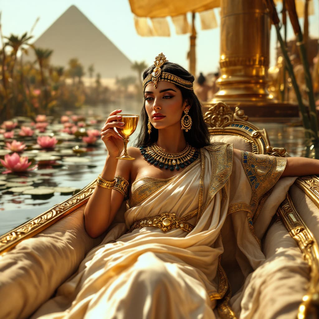 AI generated:  A hyper-realistic first-person perspective of Cleopatra VII reclining on a silk-covered chaise aboa...