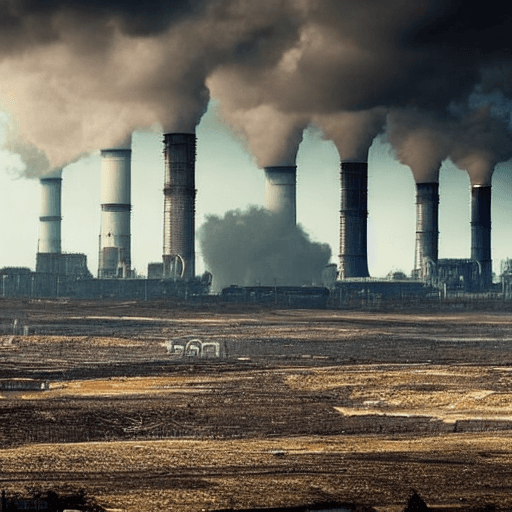 AI generated: Cyber-style image of huge carbon dioxide removal factories in a post-apocalyptic landscape ravaged b...