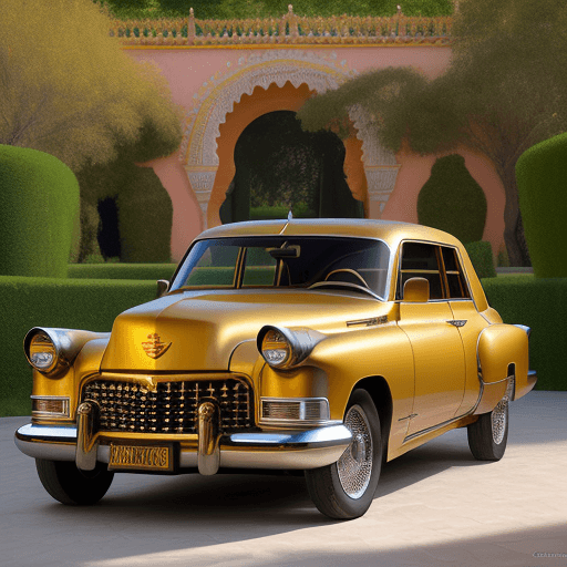 AI generated: coche de oro, cadillac, luna llena, estanque, cipreses, jardín, Pintura romántica, Prerrafaelitas, G...