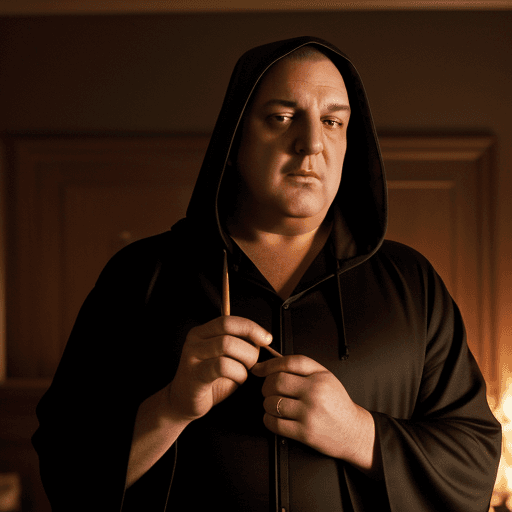 AI generated: Tony Soprano is wearing a hooded robe and smoking a cigar. A compass and square hangs on his chest. ...