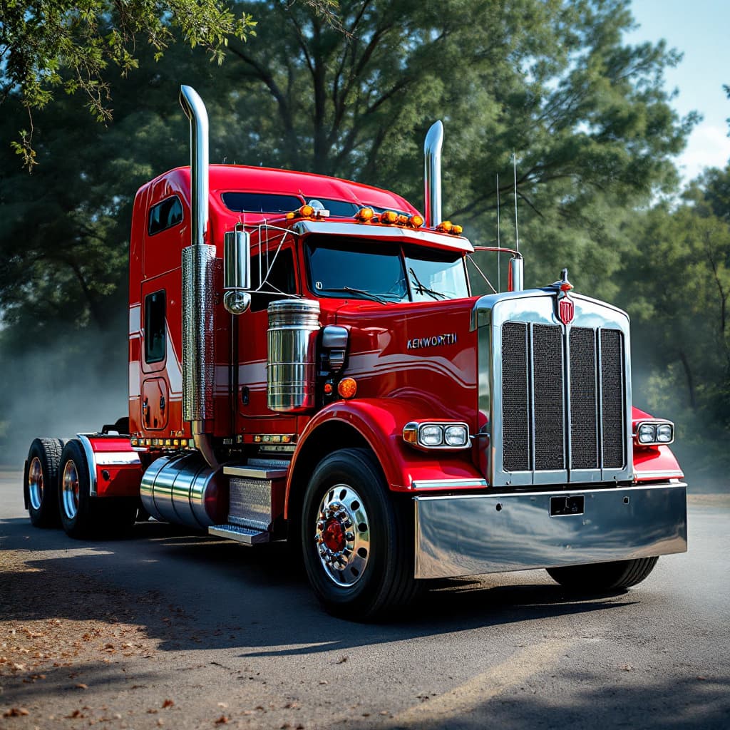 AI generated: camion kenworth rojo cofre abierto o viendose el motor 

