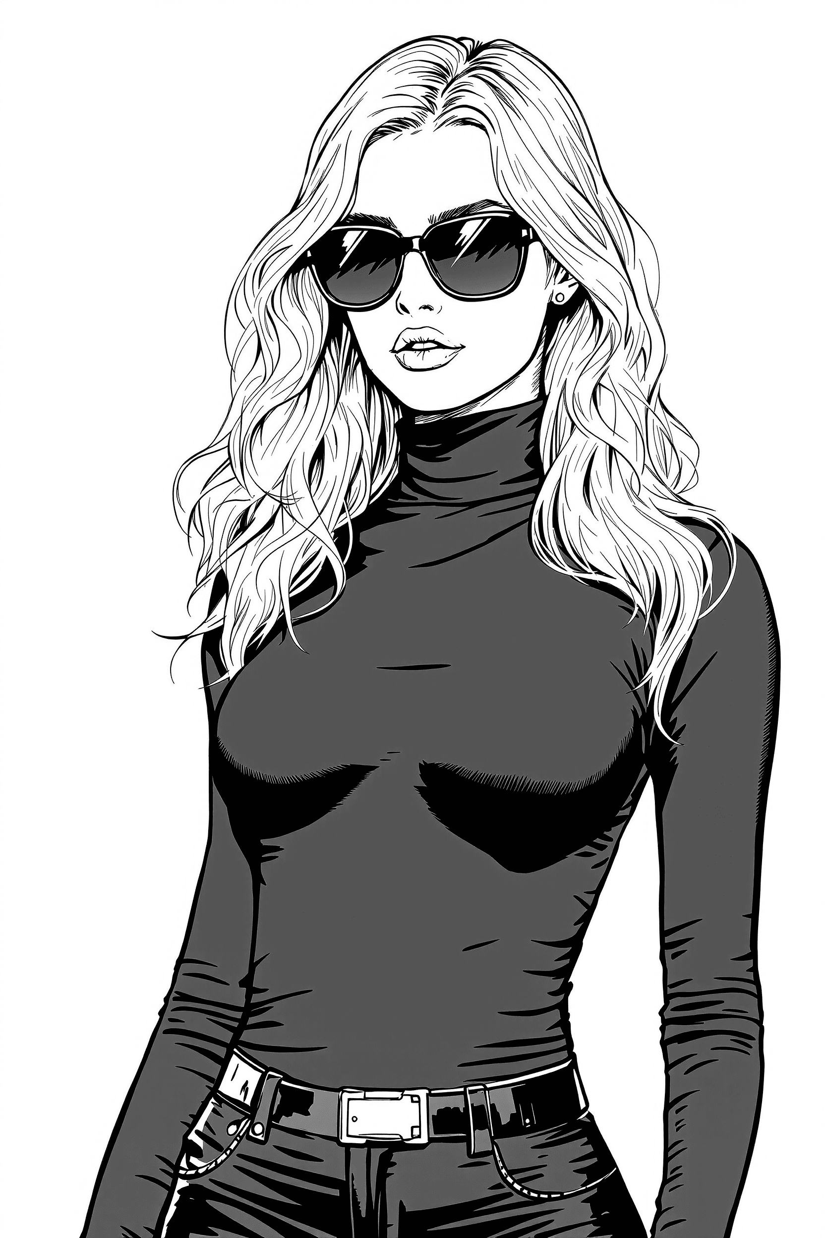 AI generated: Gorgeous blond woman with slightly wavy long hair, wearing fitted black turtleneck, black leggins an...