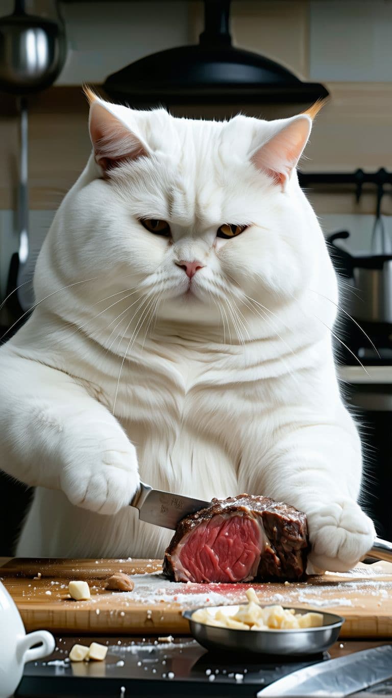AI generated: white lazy cute fat cat is cutting a steak in the kitchen.