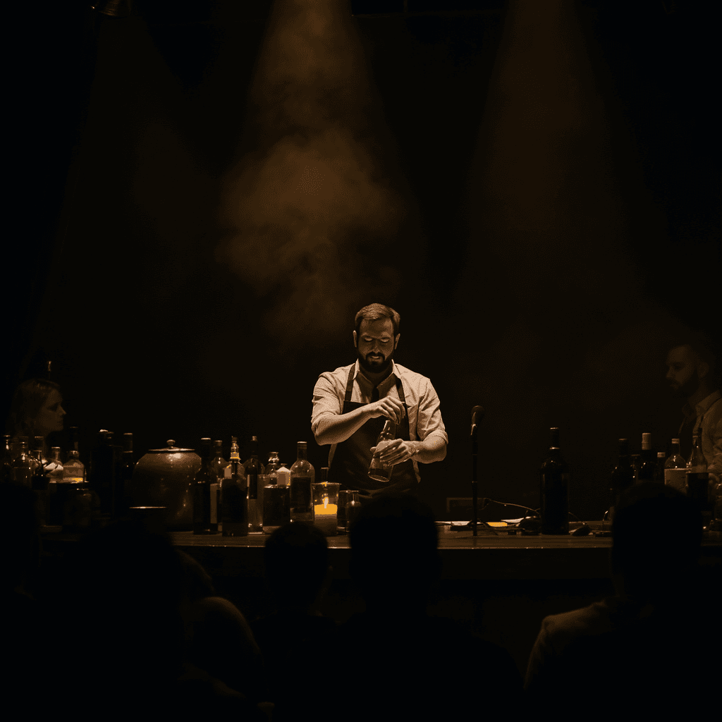 AI generated: A bartender performing on stage, cinematic lighting, shallow depth of field, viewed from the crowd, ...