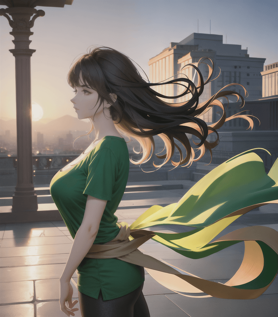 AI generated: (perfect anime illustration), 1girl, long brown hair, wavy hair, (huge breasts:1.1), fountain, green...