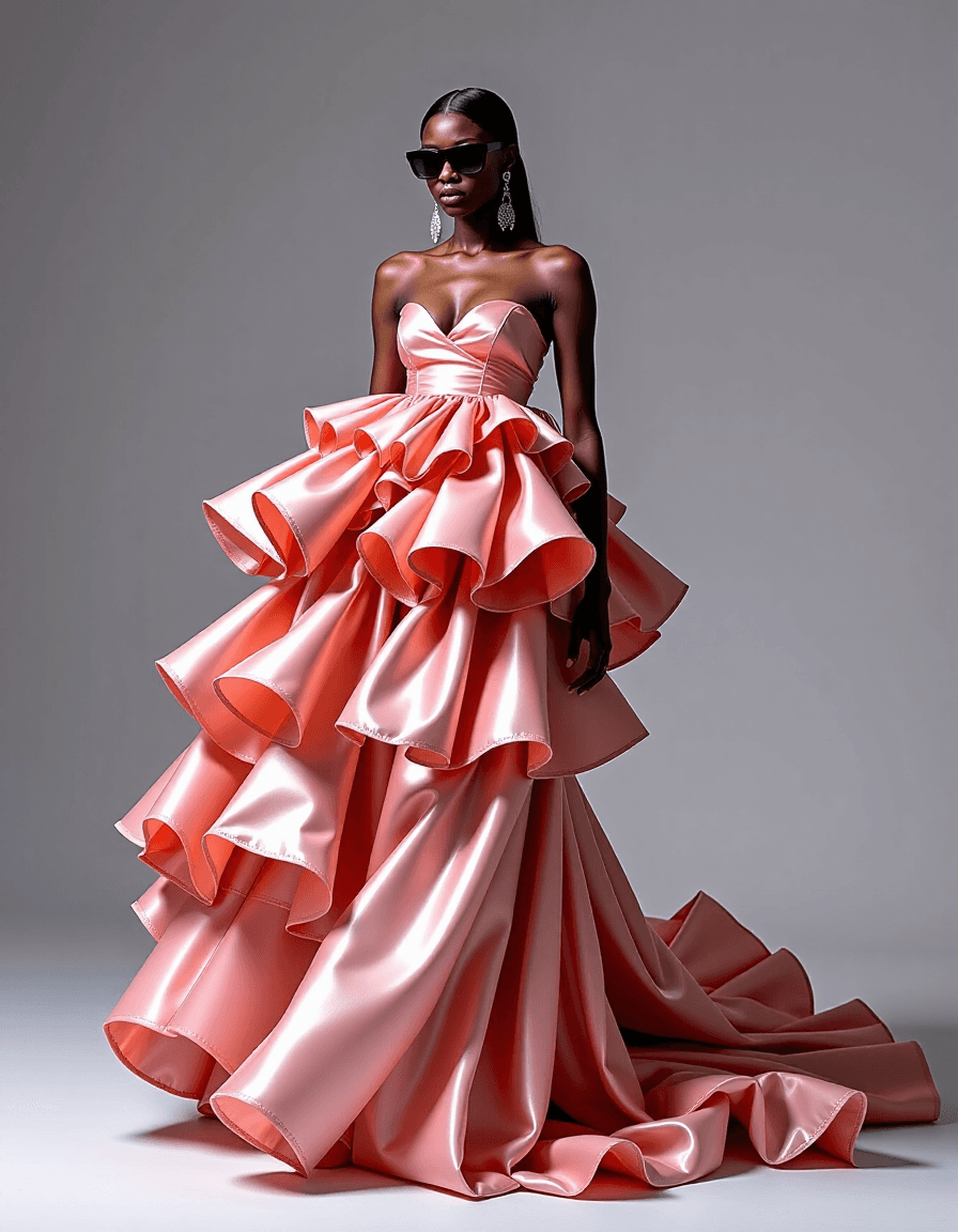 AI generated: Fashion concept: A high-fashion gown with fabric that seems to grow and fold into organic, elegant f...