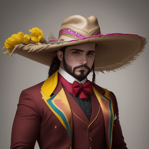 AI generated: La imagen muestra a un fuerte carnicero malvado rococó con un sombrero colorido y un traje con una c...