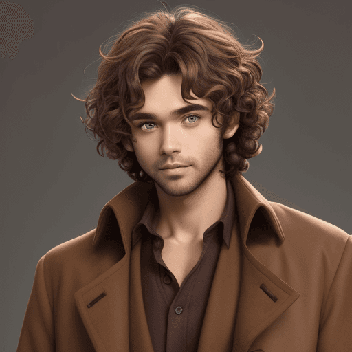 AI generated: shaggy shoulder length brown curly hair, male, wide eyes, brown coat