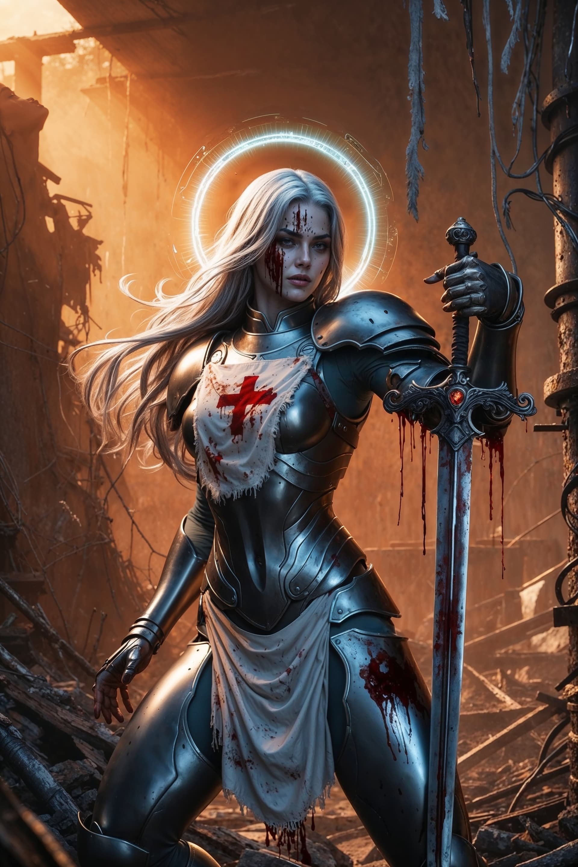 AI generated: a cinematic digital artwork featuring a powerful, female armored figure in a heroic yet worn, battle...