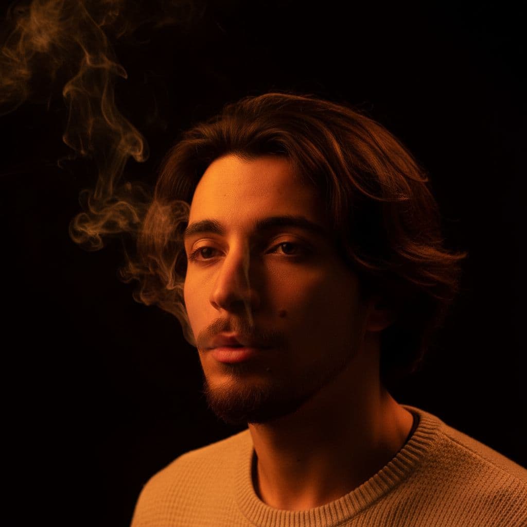 AI generated: cinematic close-up of a young man with vibrant orange smoke curling from his lips against a solid bl...