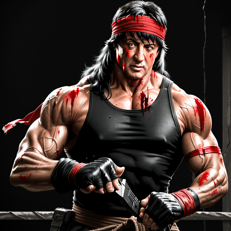 AI generated: sylvester stallone as john rambo, muscular, long black retro hair, red headband, blood splatter, sha...