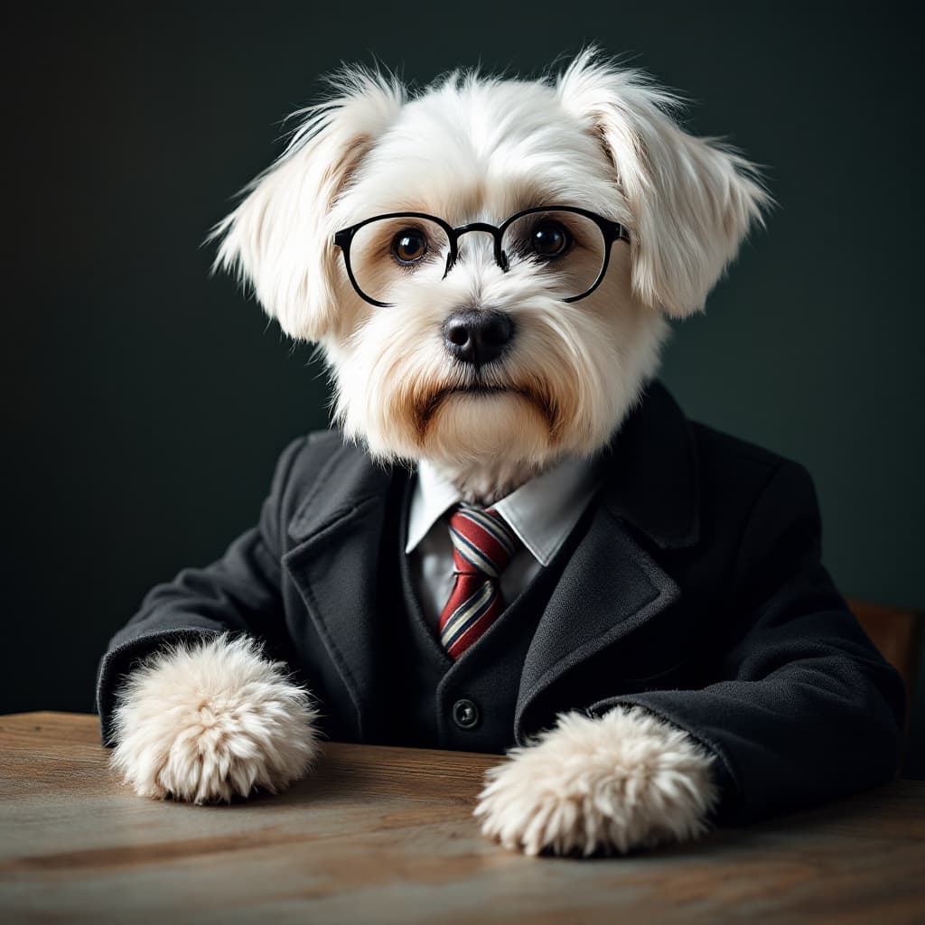 AI generated: Create my maltese dog sitting at the table with glasses jacket and tie