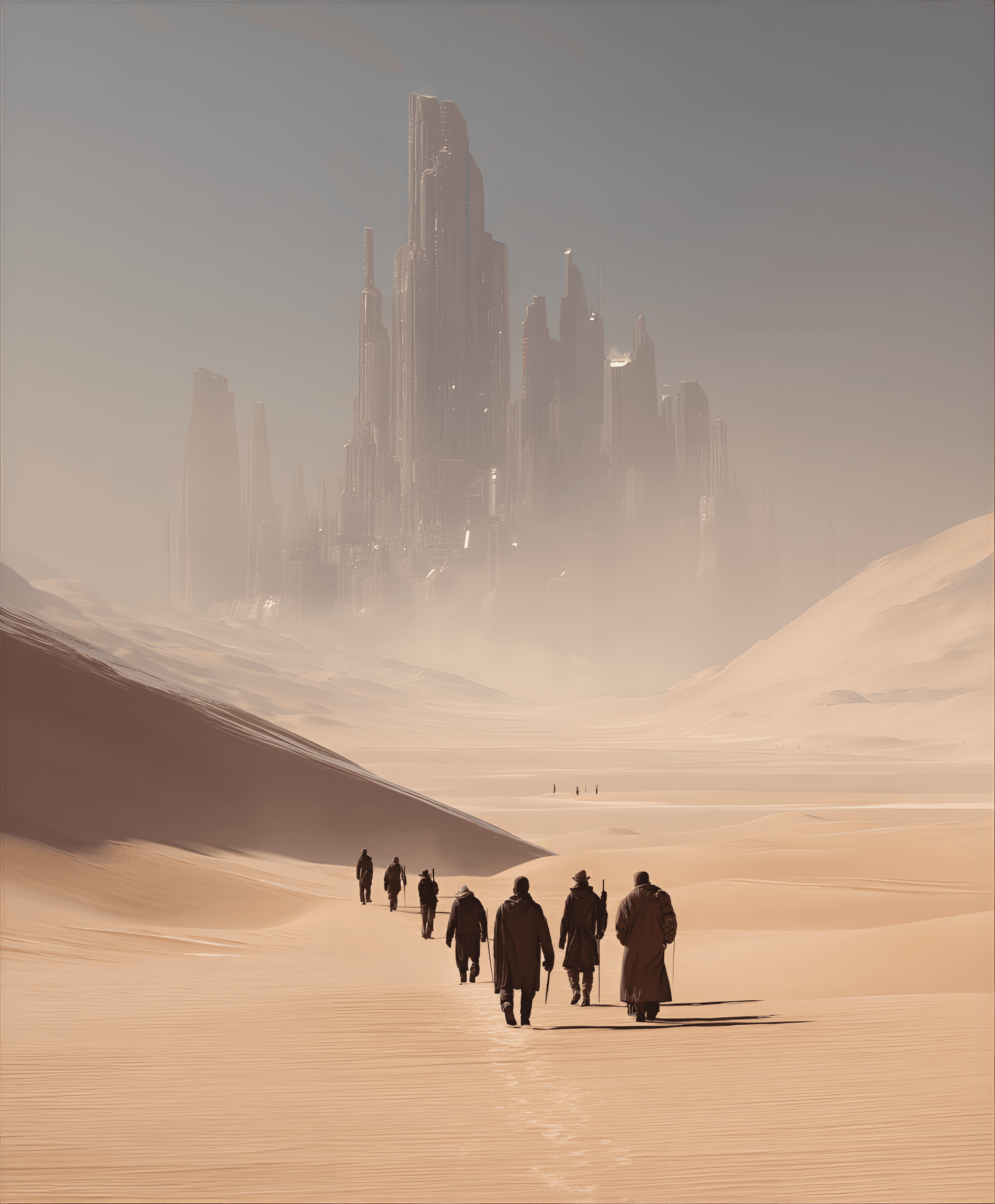 AI generated: dark sci-fi, sand dune, mirage style, travelers approaching a futuristic city on a desert planet, mi...