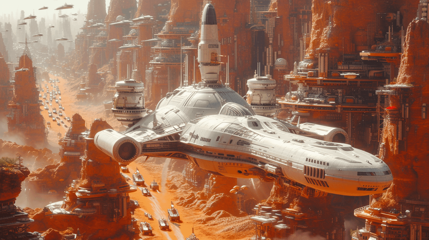 AI generated: a futuristic colony on Mars, a big city build in Arcology style, Busy traffic of futuristic ground a...