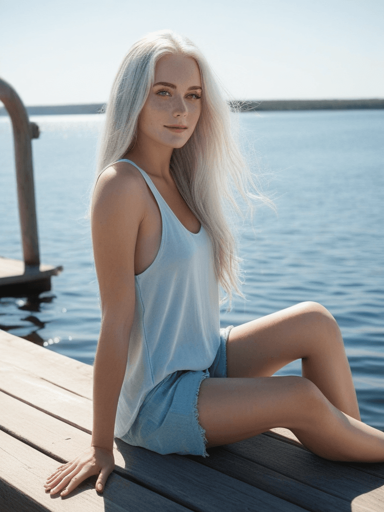AI generated: A photograph of a beautiful European woman with long ash-white hair, freckles, and light-blue eyes, ...