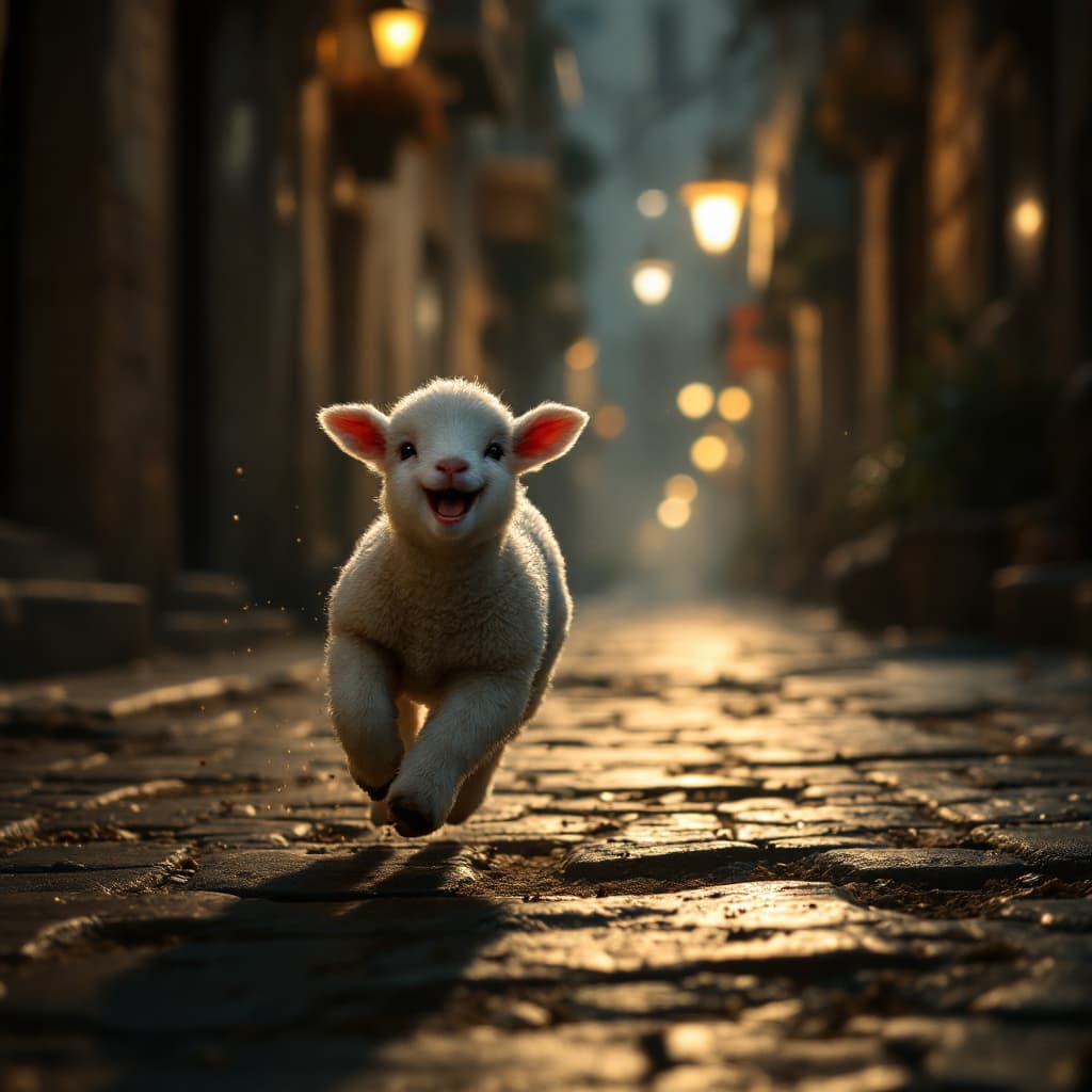 AI generated: a baby lamb running and laughing, streets of jerusalem, dark lights, cinematic, hyper realistic, det...
