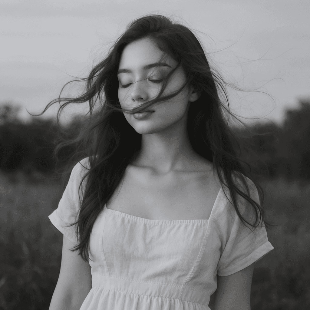 AI generated: Monochromatic outdoor portrait of a GenX woman, eyes closed, flowing hair, light dress, serene expre...