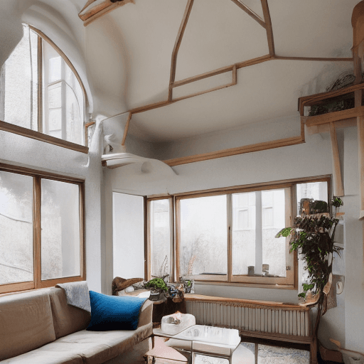 AI generated: High resolution photography interior design, dreamy sunken living room conversation pit, wooden floo...