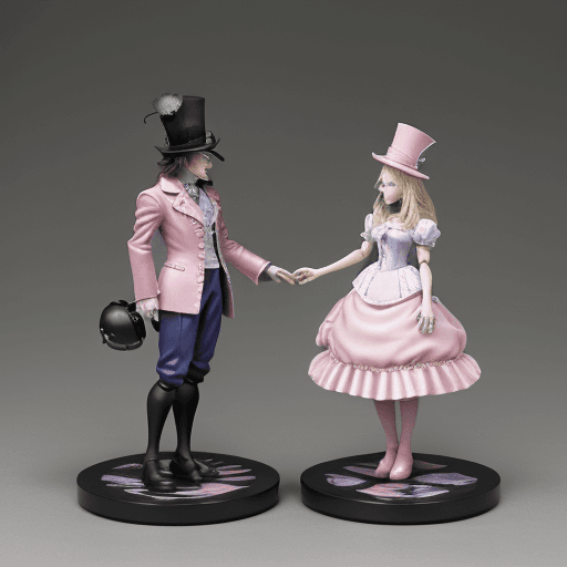 AI generated: Alice in wonderland Mad Hatter and Alice kissing::3 dark matter::1 quantum dot display::1 miniature ...