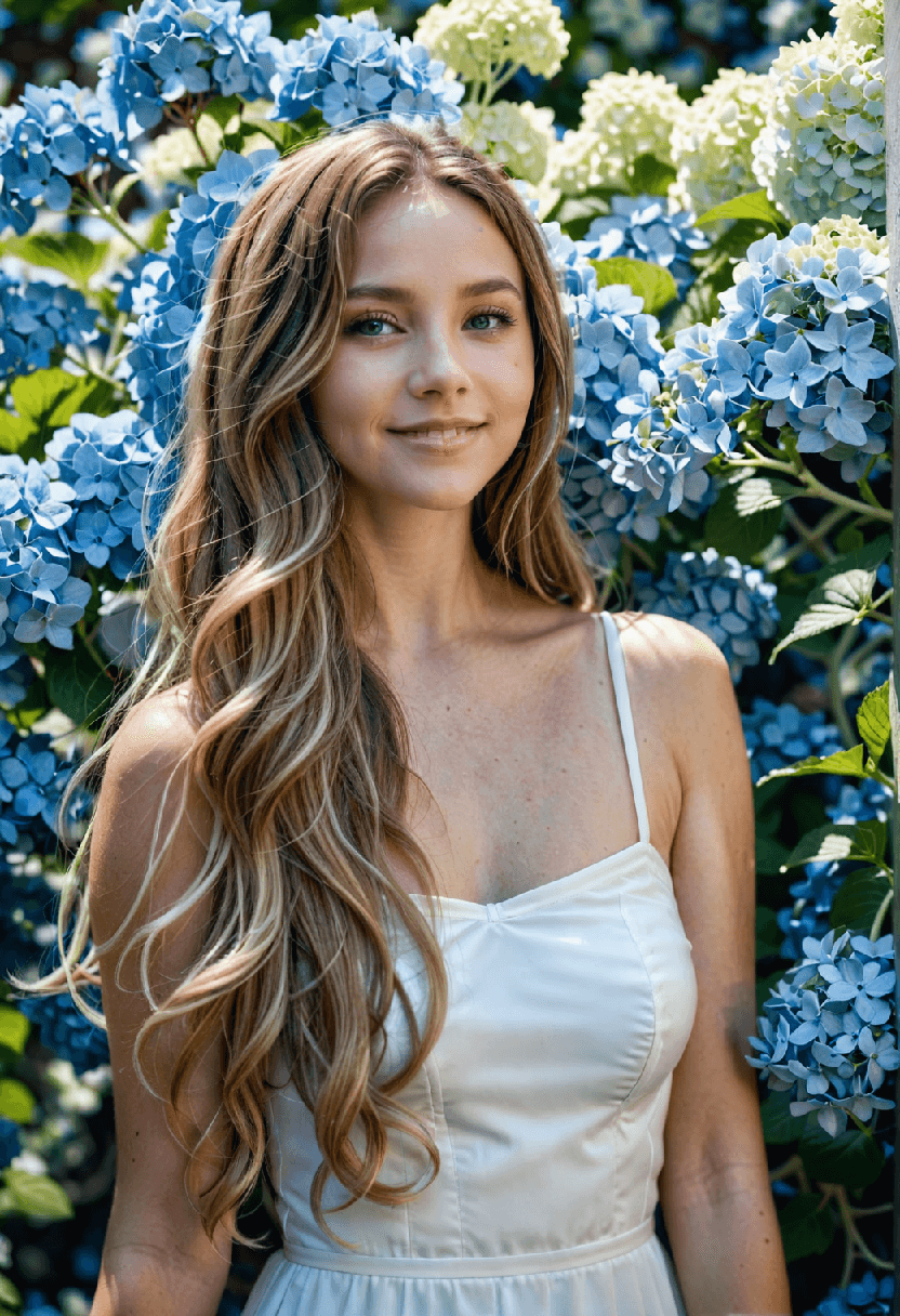 AI generated: cinematic photo woman, 3/4 shot, with gorgeous eyes and skin, smiling, long brunette hair with blond...