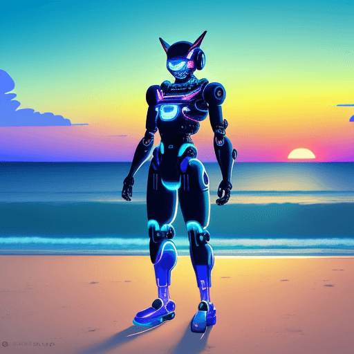 AI generated: a dj standing upright on a Japanese beach, gazing at the sunrise, clad in futuristic cybernetic armo...