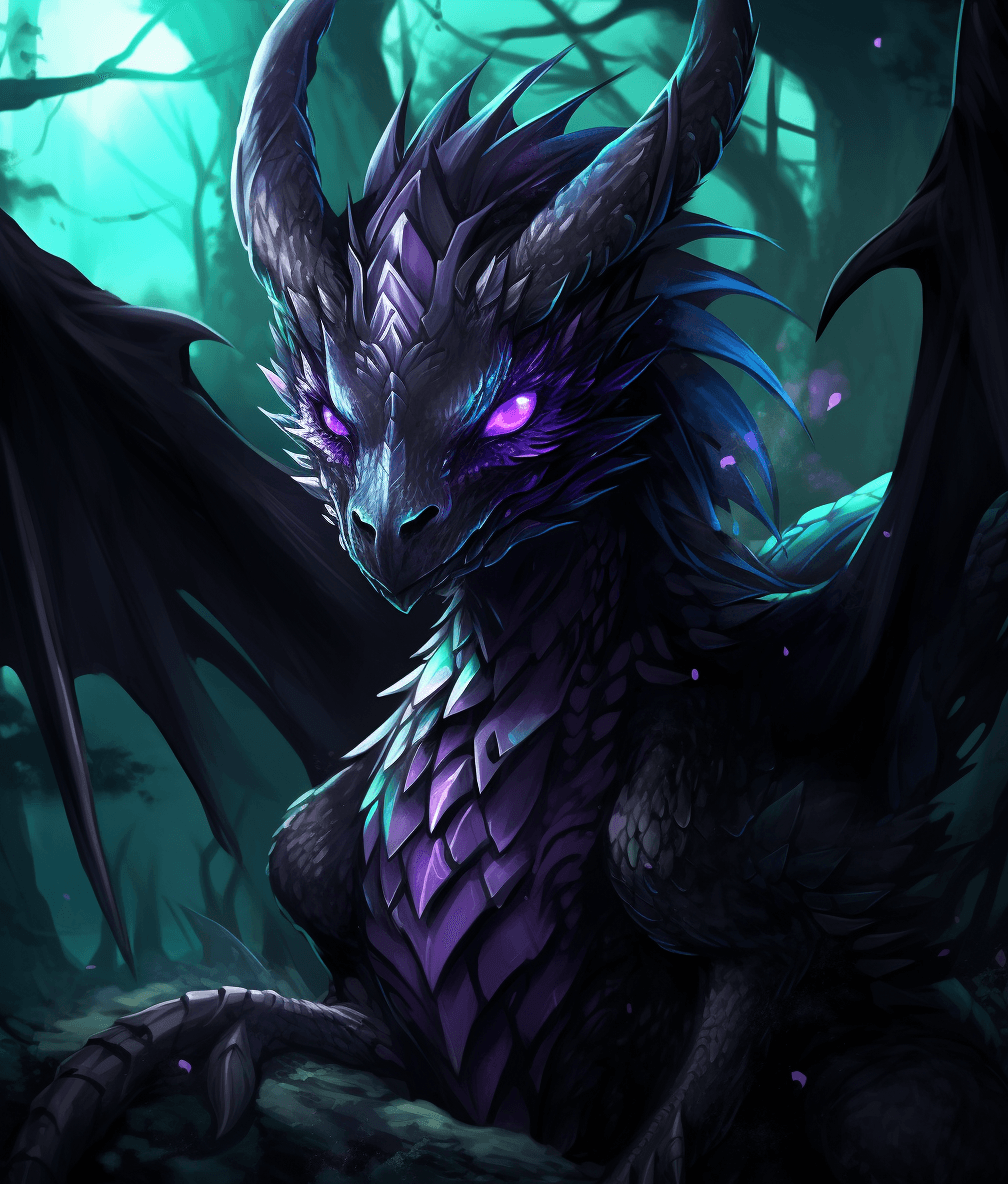 AI generated: a black dragon with green eyes and purple body, in the style of cute and dreamy, algeapunk, nightcor...
